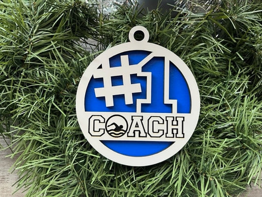 Swimming Coach Ornament/ #1 Coach Ornament/ Sports Coach/ Christmas Ornaments/ Sports Ornaments/ Choose Colors/ Coach Gift/ Gift for Coach