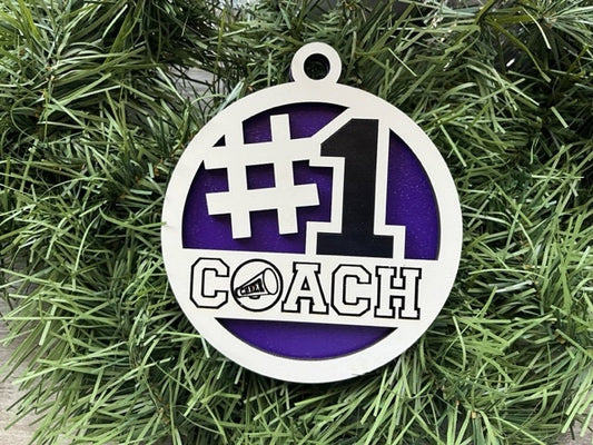 Cheer Coach Ornament/ #1 Coach Ornament/ Cheer Megaphone/ Christmas Ornaments/ Sports Ornaments/ Choose Colors/ Coach Gift/ Gift for Coach