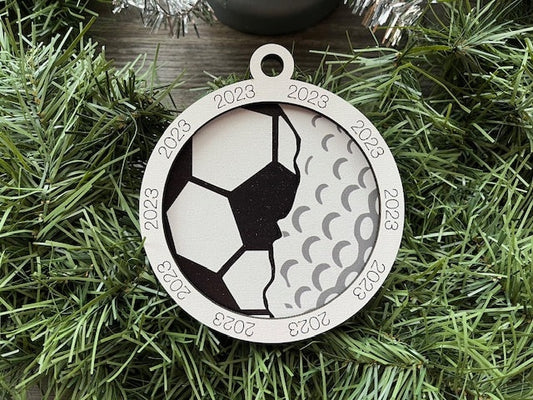 Multi Sport Ornament/ Soccer Golf Ornament/ Multiple Sports Ornament/ Split Sport Ornaments/ Sports Gift/Blank or with 2023