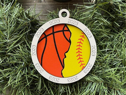 Multi Sport Ornament/ Basketball Softball Ornament/ Multiple Sports Ornament/ Split Sport Ornaments/ Sports Gift/Blank or with 2023