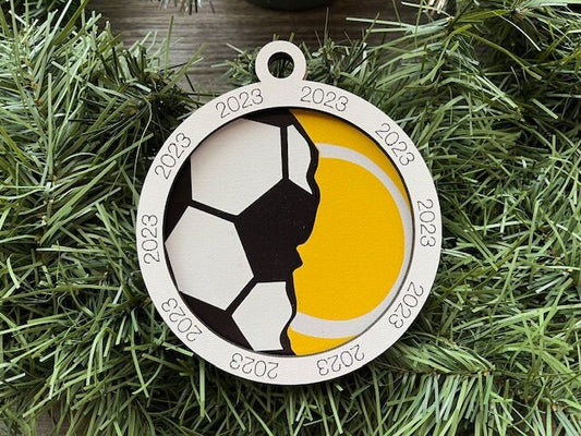 Multi Sport Ornament/ Soccer Tennis Ornament/ Multiple Sports Ornament/ Split Sport Ornaments/ Sports Gift/Blank or with 2023