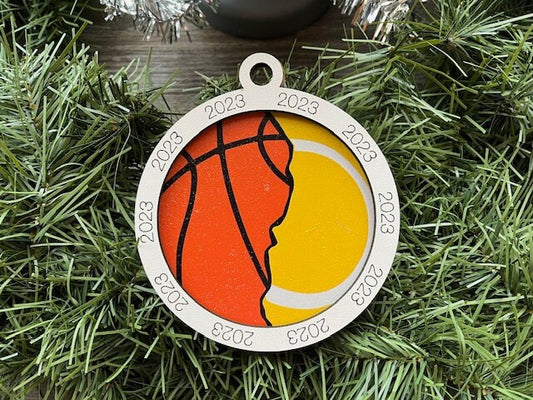 Multi Sport Ornament/ Basketball Tennis Ornament/ Multiple Sports Ornament/ Split Sport Ornaments/ Sports Gift/Blank or with 2023