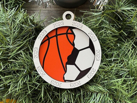 Multi Sport Ornament/ Basketball Soccer Ornament/ Multiple Sports Ornament/ Split Sport Ornaments/ Sports Gift/Blank or with 2023