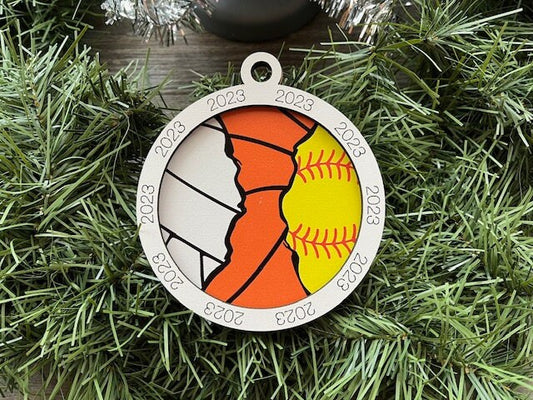 Multi Sport Ornament/ Volleyball Basketball Softball Ornament/ Multiple Sports Ornament/ Split Sport Ornaments/Sport Gift/Blank or with 2023