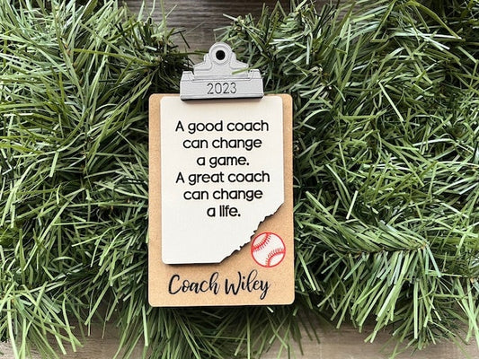 Baseball Coach Ornament/ Clipboard Coach Ornament/ Personalized Coach Ornament/ Sports Coach/ Sports Ornaments/ Coach Gift/ Saying Options