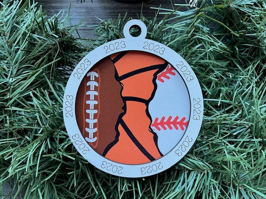 Multi Sport Ornament/ Football Basketball Baseball Ornament/ Multiple Sports Ornament/ Split Sport Ornaments/ Sports Gift/Blank or with 2023