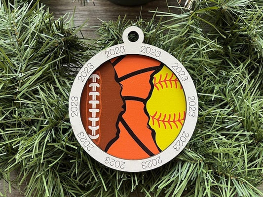 Multi Sport Ornament/ Football Basketball Softball Ornament/ Multiple Sports Ornament/ Split Sport Ornaments/ Sports Gift/Blank or with 2023