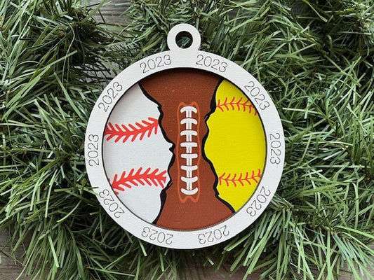Multi Sport Ornament/ Baseball Football Softball Ornament/ Multiple Sports Ornament/ Split Sport Ornaments/ Sports Gift/Blank or with 2023
