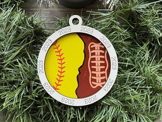 Multi Sport Ornament/ Softball Football Ornament/ Multiple Sports Ornament/ Split Sport Ornaments/ Sports Gift/Blank or with 2023