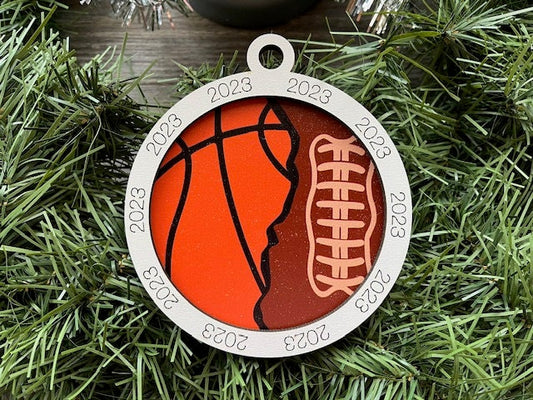 Multi Sport Ornament/ Basketball Football Ornament/ Multiple Sports Ornament/ Split Sport Ornaments/ Sports Gift/Blank or with 2023