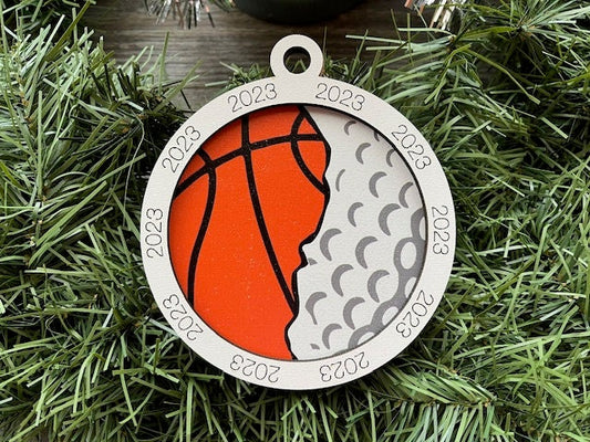 Multi Sport Ornament/ Basketball Golf Ornament/ Multiple Sports Ornament/ Split Sport Ornaments/ Sports Gift/Blank or with 2023
