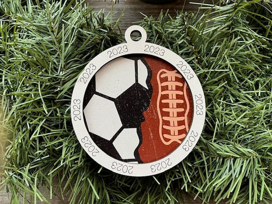 Multi Sport Ornament/ Soccer Football Ornament/ Multiple Sports Ornament/ Split Sport Ornaments/ Sports Gift/Blank or with 2023