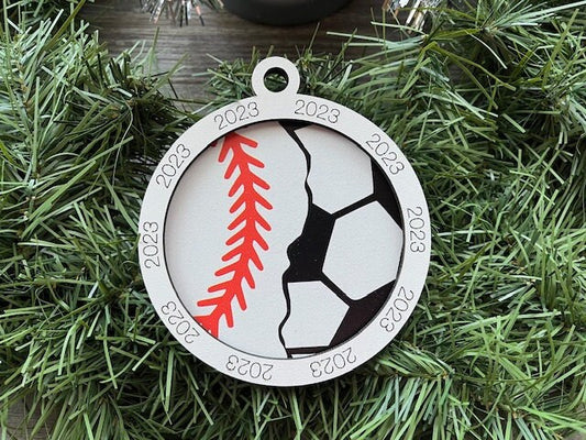 Multi Sport Ornament/ Baseball Soccer Ornament/ Multiple Sports Ornament/ Split Sport Ornaments/ Sports Gift/Blank or with 2023
