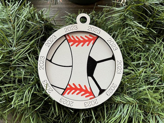Multi Sport Ornament/ Volleyball Baseball Soccer Ornament/ Multiple Sports Ornament/ Split Sport Ornaments/ Sports Gift/ Blank or with 2023