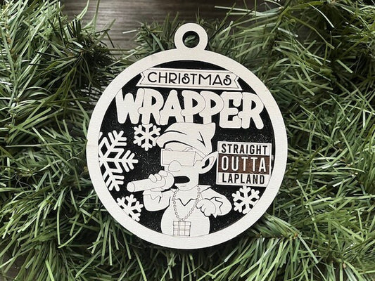 Christmas Wrapper Ornament/ Funny Elf Ornament/ Straight Outta Lapland/ Funny Christmas Ornament/ Funny Ornament/ Humorous Ornament/ Glitter