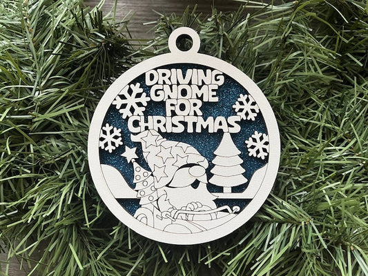 Gnome Ornament/ Driving Gnome For Christmas/ Funny Gnome Ornament/ Funny Christmas Ornament/ Funny Ornament/ Humorous Ornament/ Glitter