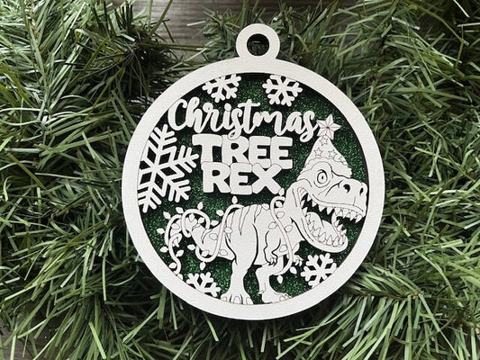 Dinosaur Ornament/ Christmas Tree Rex Ornament/ Funny Dinosaur Ornament/ Funny Christmas Ornament/ Humorous Ornament/ Glitter Ornament