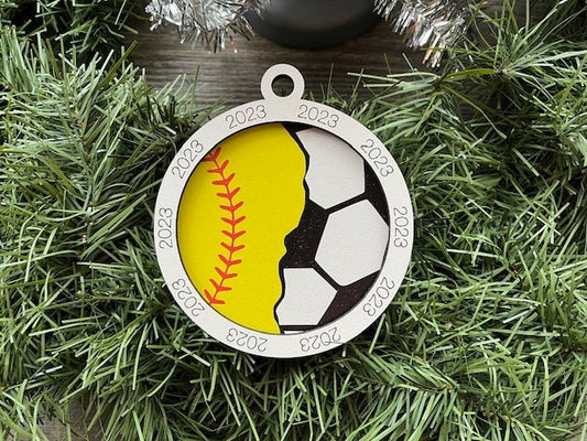 Multi Sport Ornament/ Softball Soccer Ornament/ Multiple Sports Ornament/ Split Sport Ornaments/ Sports Gift/Blank or with 2023