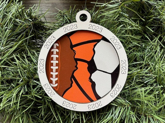 Multi Sport Ornament/ Football Basketball Soccer Ornament/ Multiple Sports Ornament/ Split Sport Ornaments/ Sports Gift/ Blank or with 2023
